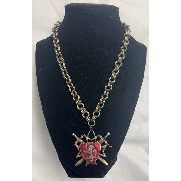 Lion Shield Pendant Necklace Vtg Red Crest Crossed Swords - Picture 2 of 12